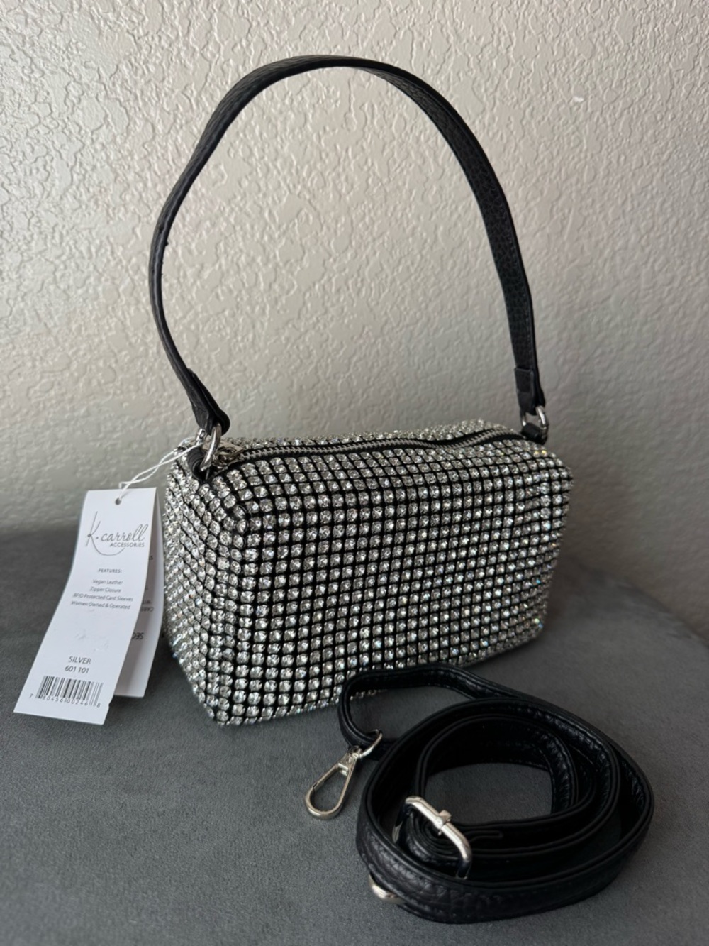 K Carroll Silver Rhinestone Shoulder Bag NWT Sparkly Evening Crossbody Clutch